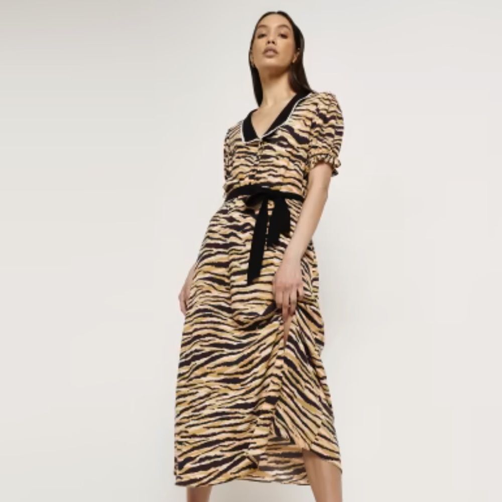 NEW river island animal print midi dress Peter‎ Pan collar waist tie size 12